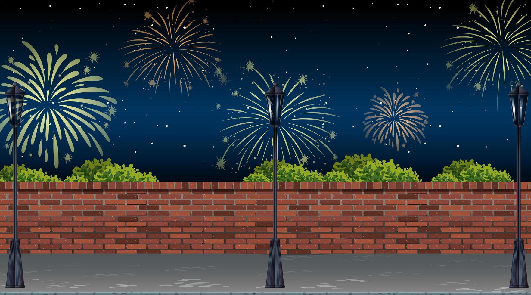 street view con scena di celebrazione di fuochi d'artificio vettore