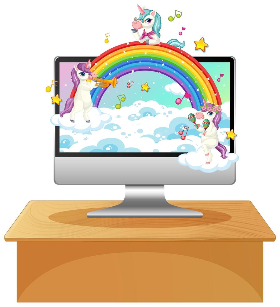 unicorni e arcobaleno sullo schermo di un computer vettore