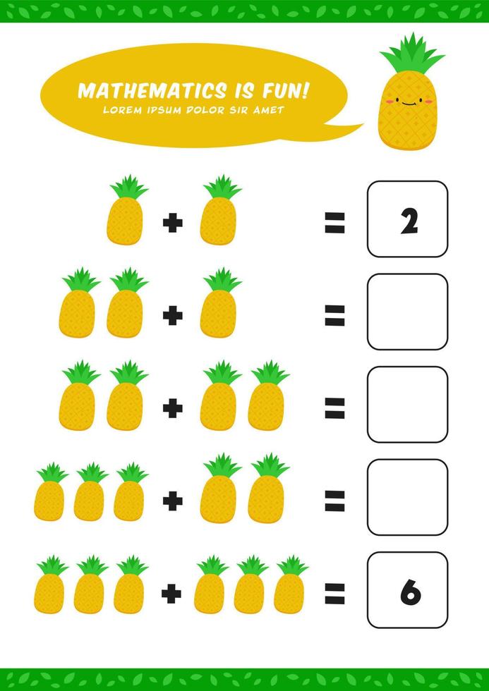 prescolastico aggiunta matematica imparare foglio di lavoro attività modello con carino ananas illustrazione per bambino bambini vettore