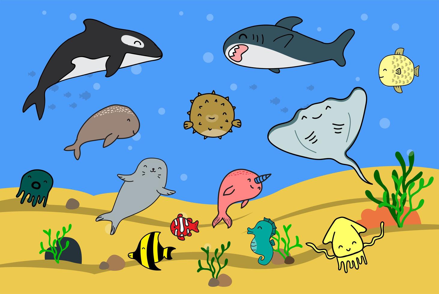 simpatici cartoni animati di animali marini vettore