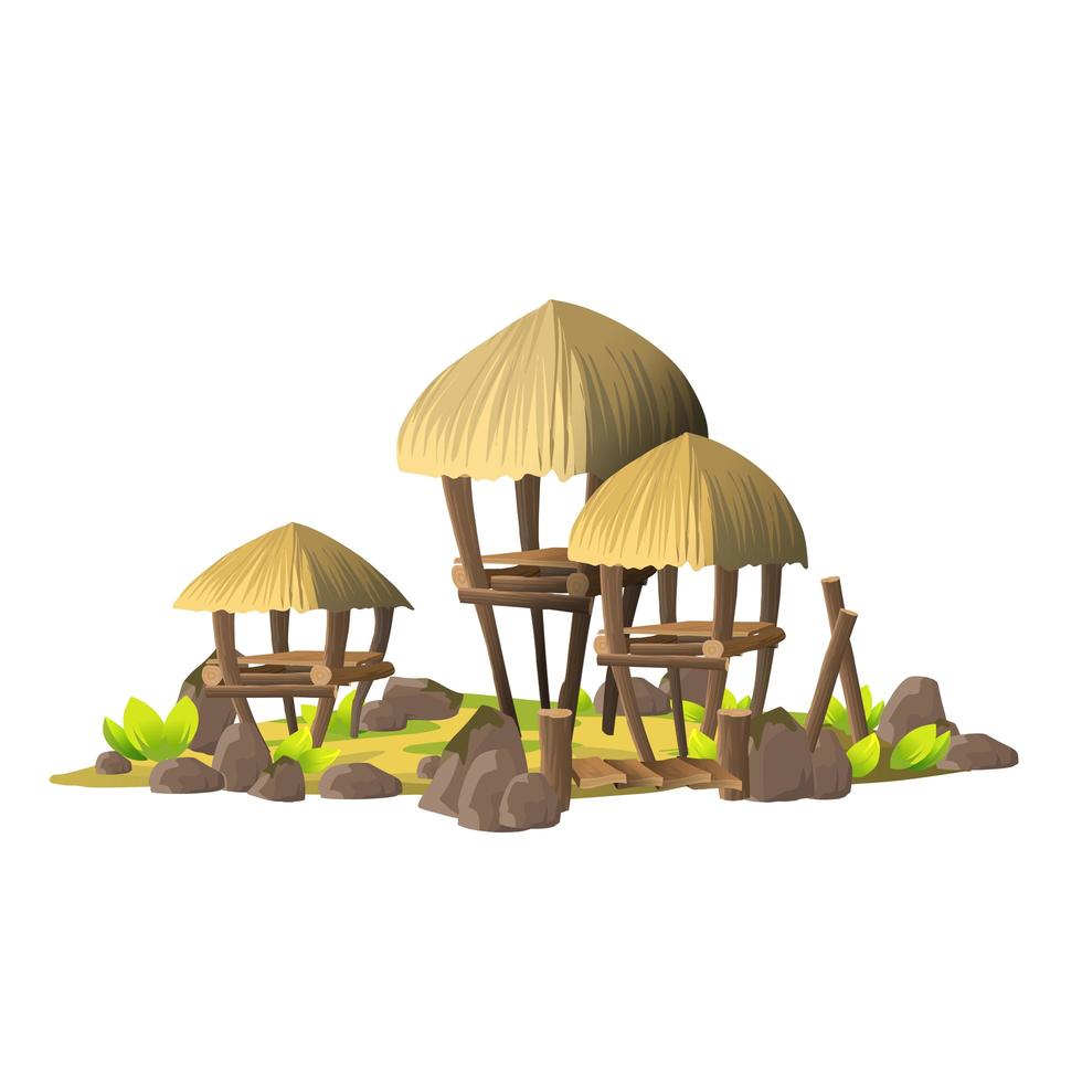 isola tropicale con piccole baracche di legno vettore