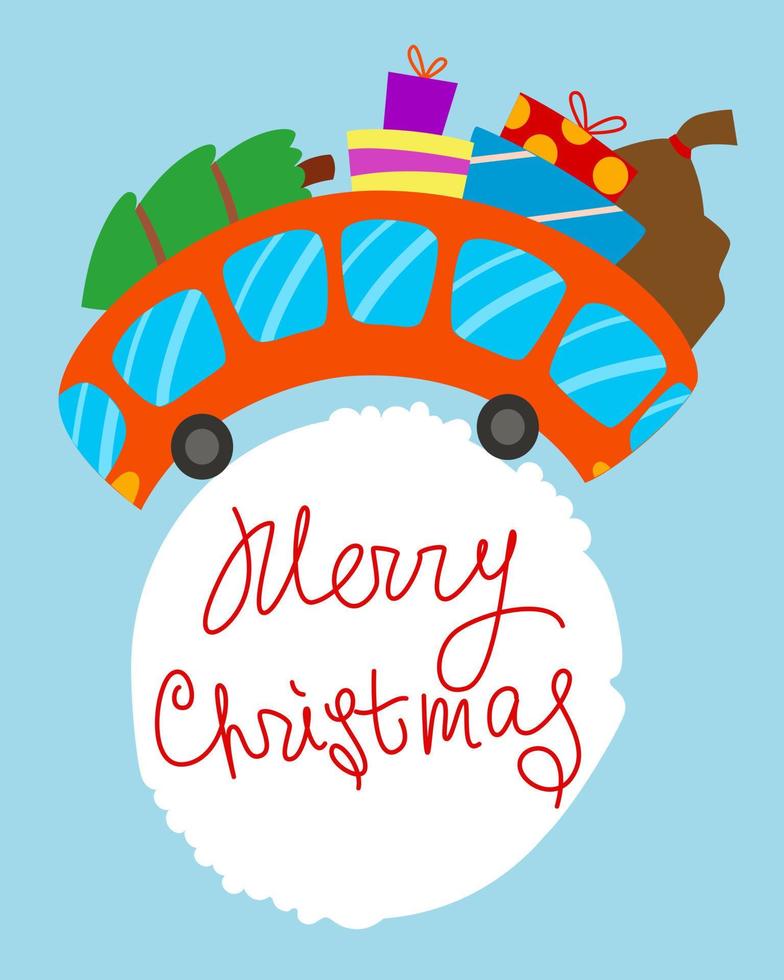 allegro Natale saluto carta. rosso curvo Natale autobus con abete albero e i regali. lato Visualizza. vettore