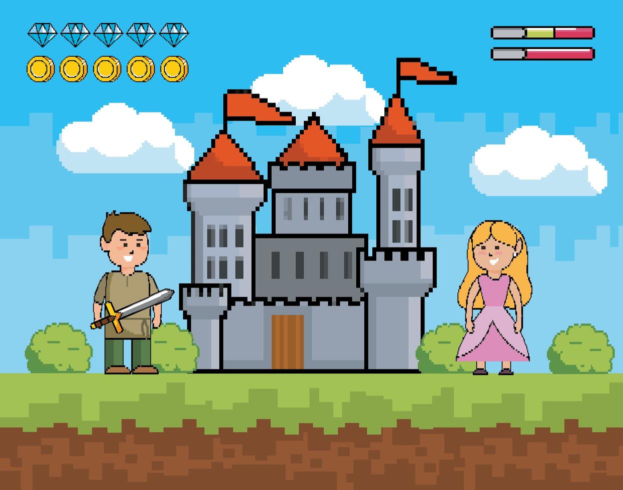 scena del videogioco con il principe e la principessa vettore
