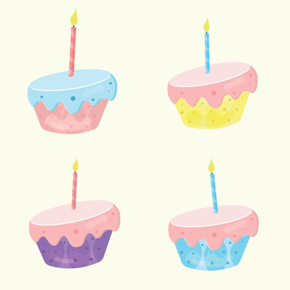 un' impostato di compleanno cartone animato torte con un' candela vettore