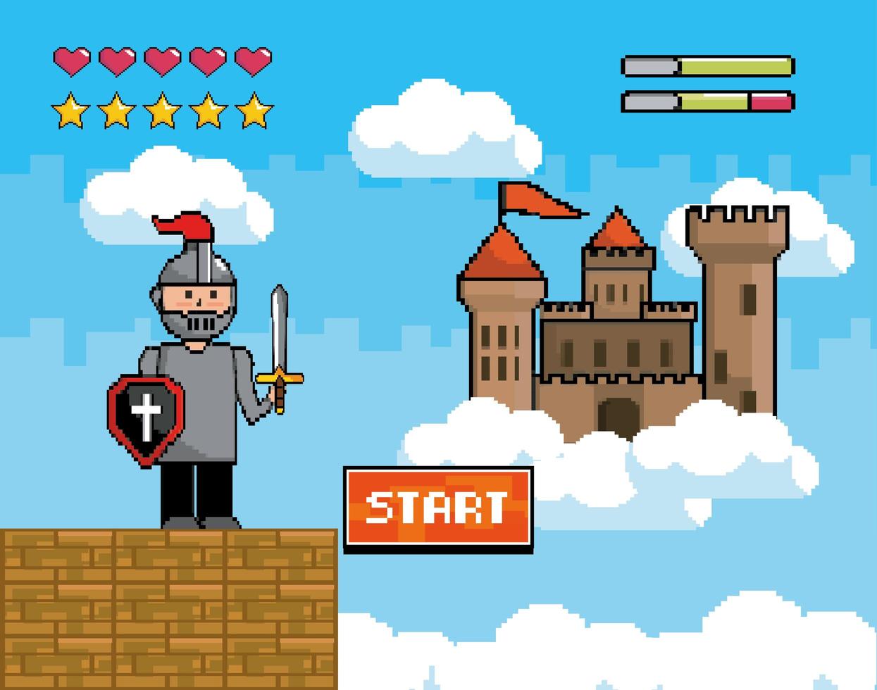 scena del videogioco con guerriero e castello vettore