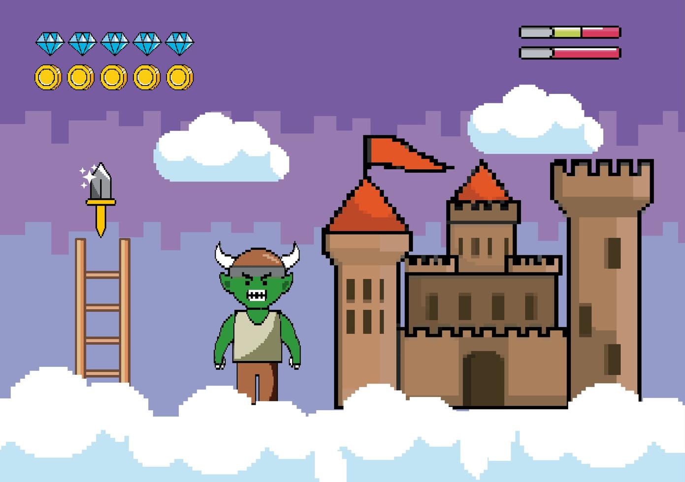scena del videogioco con demone e castello vettore