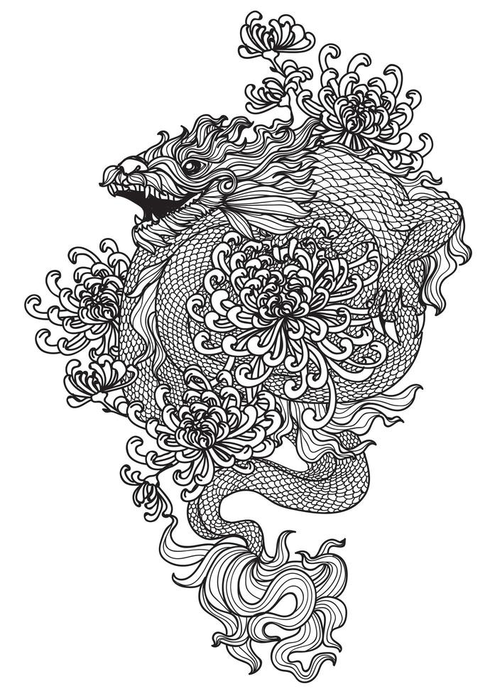 drago e fiore di arte del tatuaggio vettore