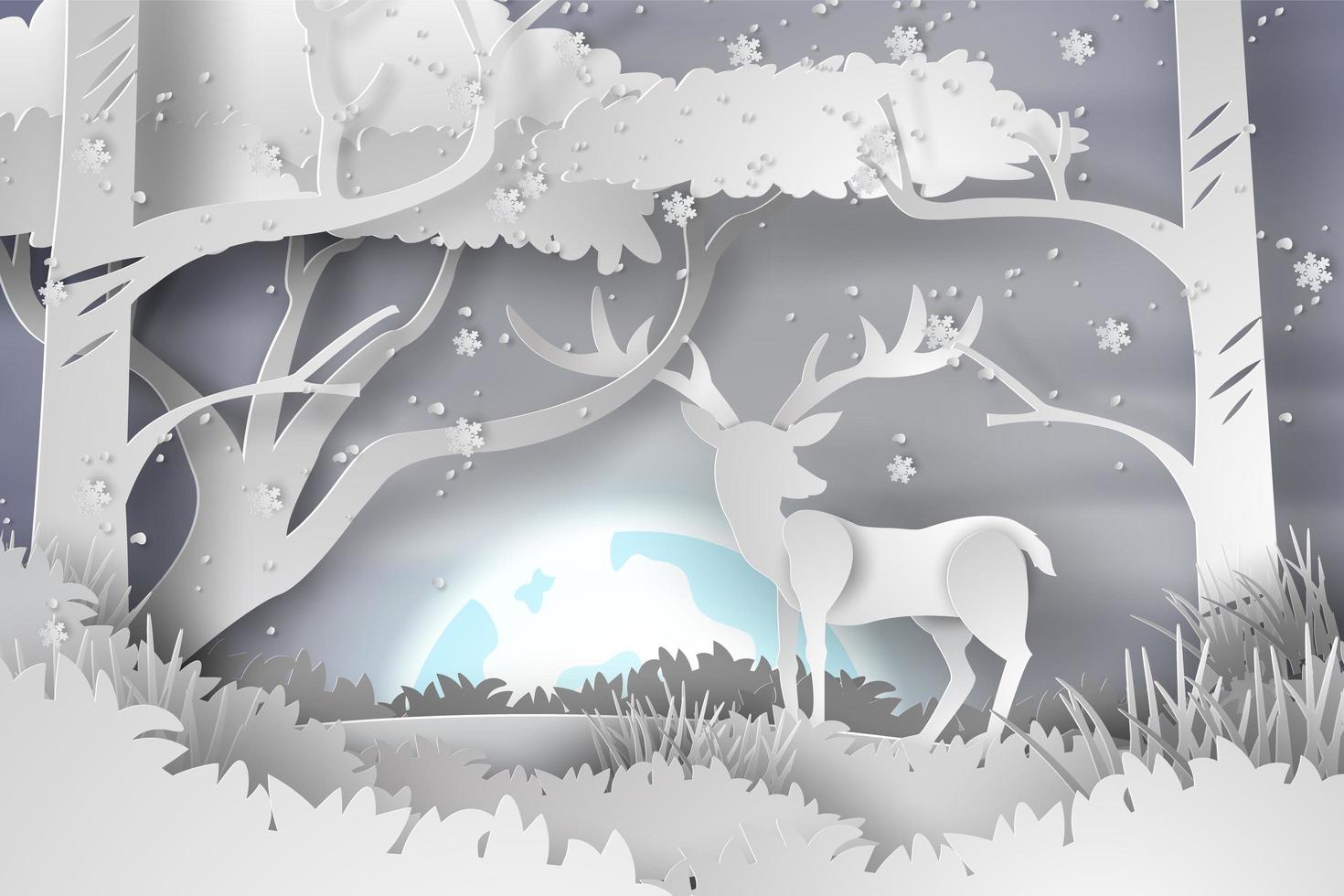 arte di carta di cervi nella foresta paesaggio neve con la luna piena vettore