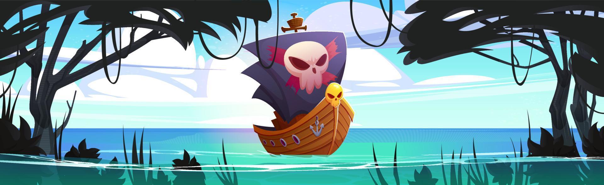 pirata nave nel mare laguna con giungle vettore