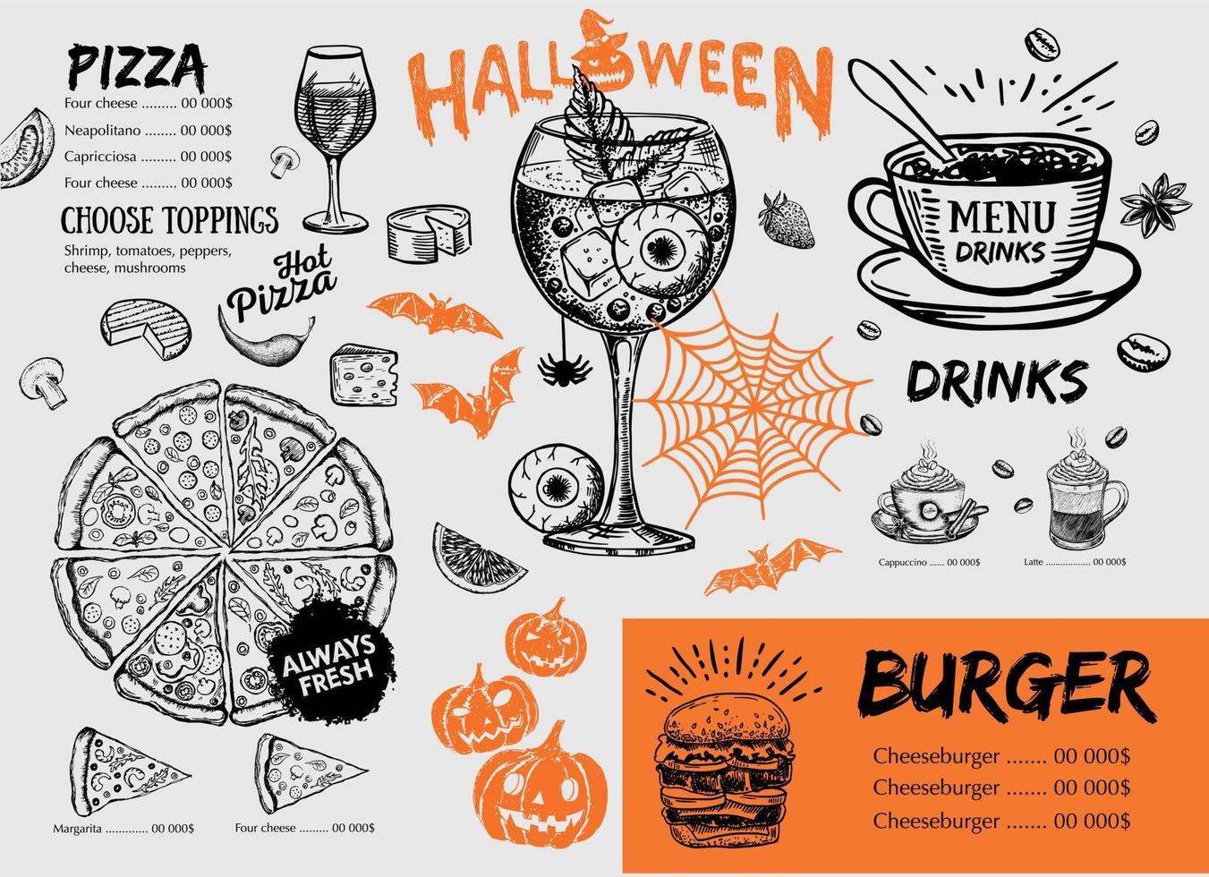 menu del ristorante del bar, design del modello, menu di halloween, volantino alimentare. vettore