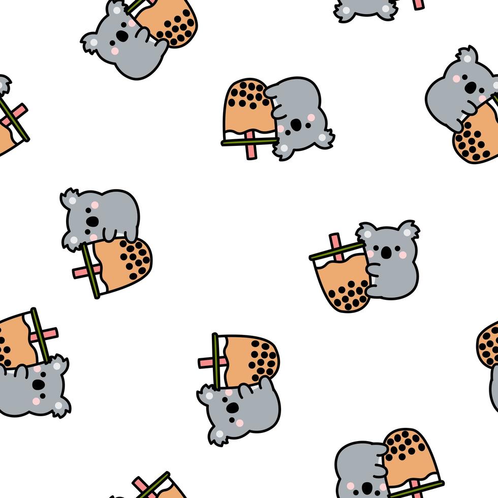 carino koala holding bubble tea cartoon seamless pattern vettore