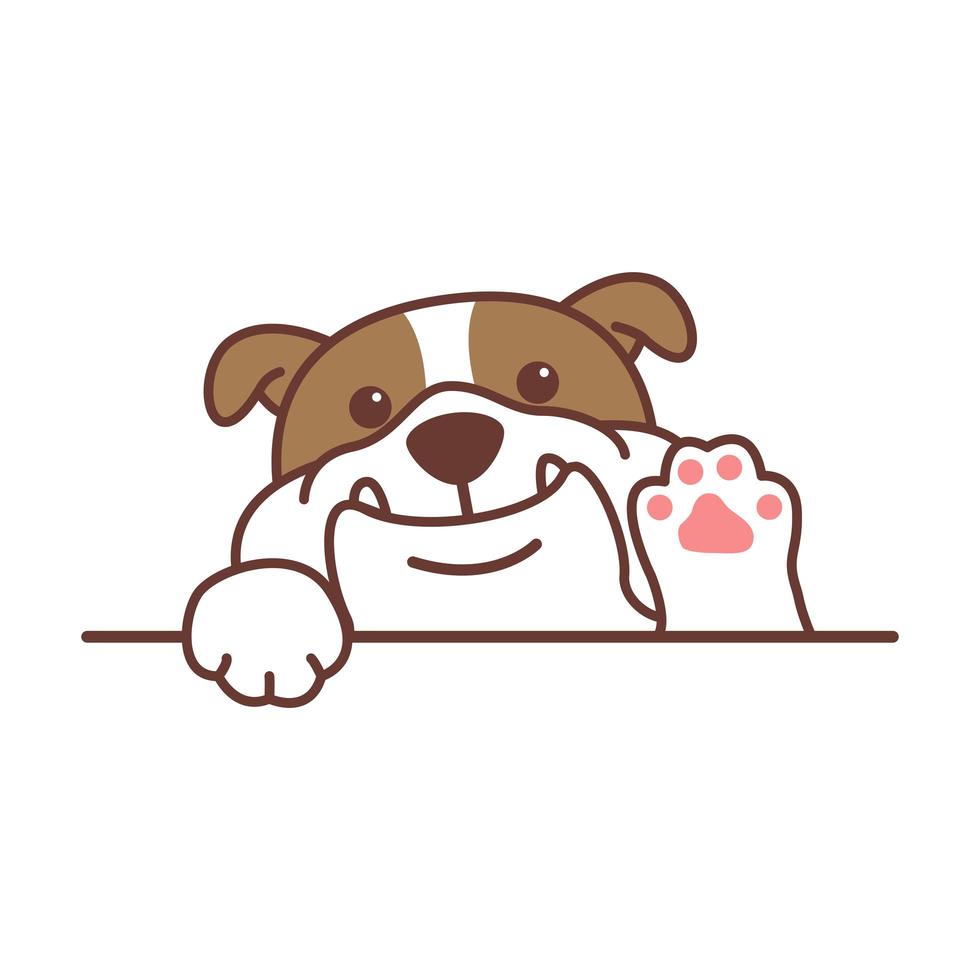 simpatico cartone animato bulldog inglese agitando la zampa vettore