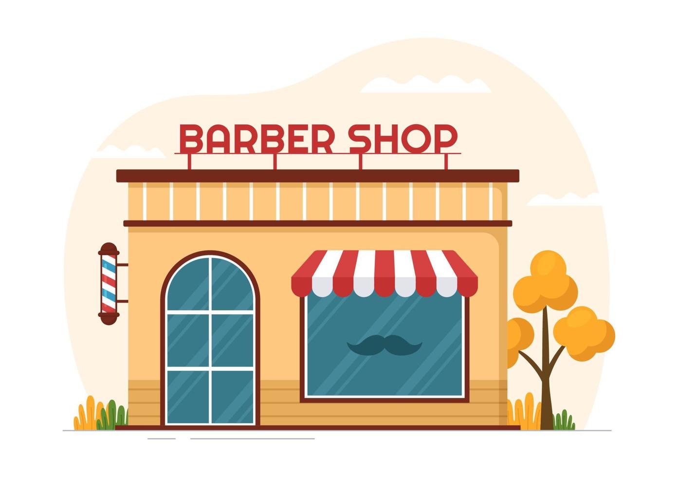 barbiere negozio per maschio o femmina clienti taglio di capelli con specchi, scrivania e capelli taglio attrezzatura nel piatto cartone animato mano disegnato modelli illustrazione vettore