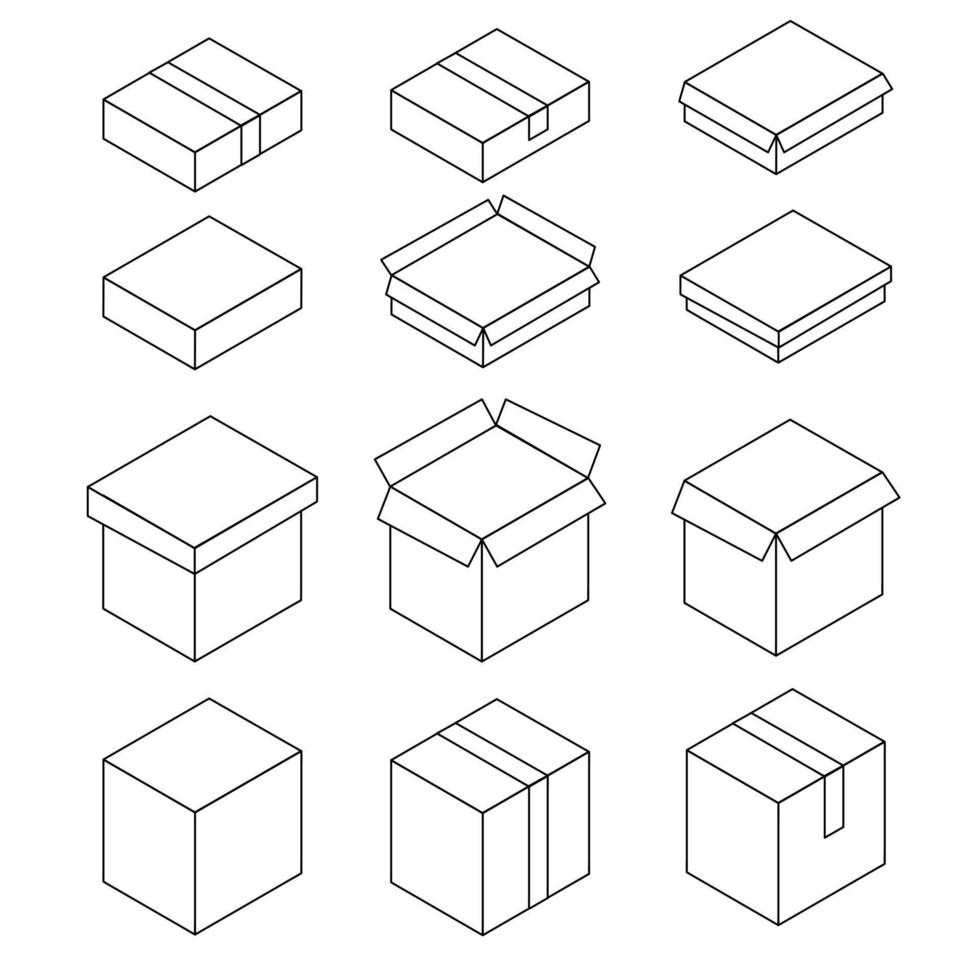 impostato di icone scatola. nero e bianca, aprire, Chiuso, alto, corto scatola. vettore