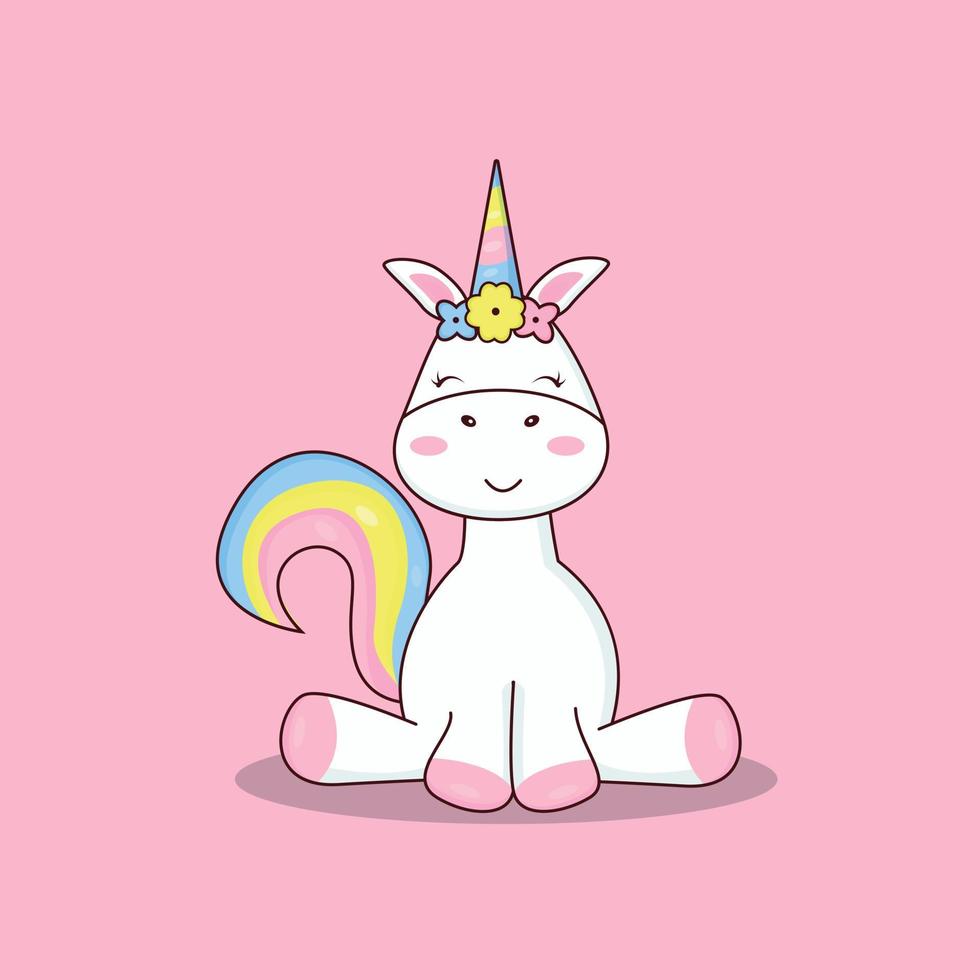 un' unicorno si siede con un' arcobaleno coda vettore