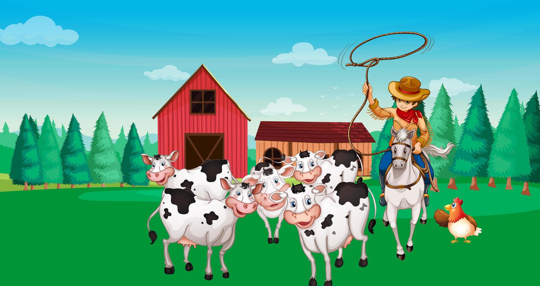 scena di fattoria con animali e contadino vettore