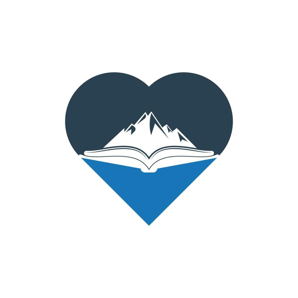 montagna libro cuore forma concetto vettore logo design. natura e libreria simbolo o icona