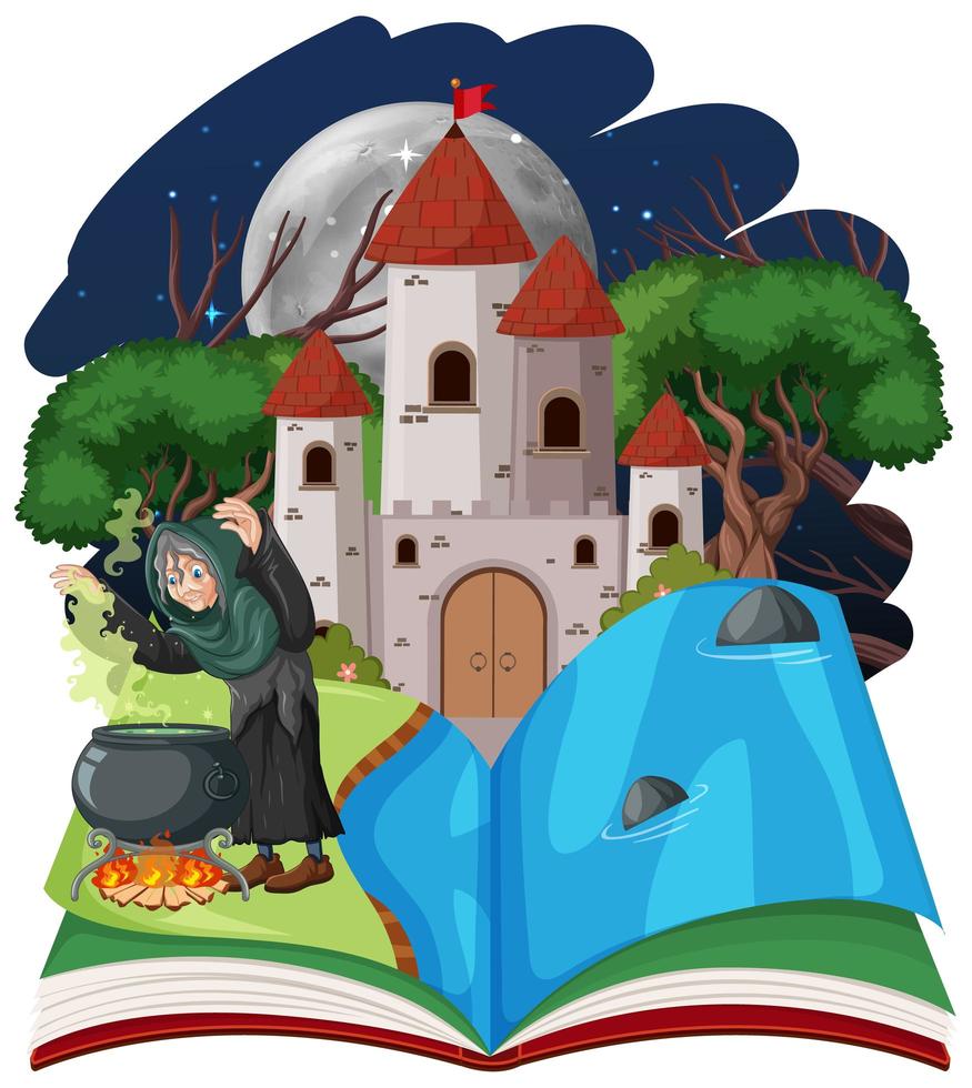 strega su un libro pop-up fantasy vettore