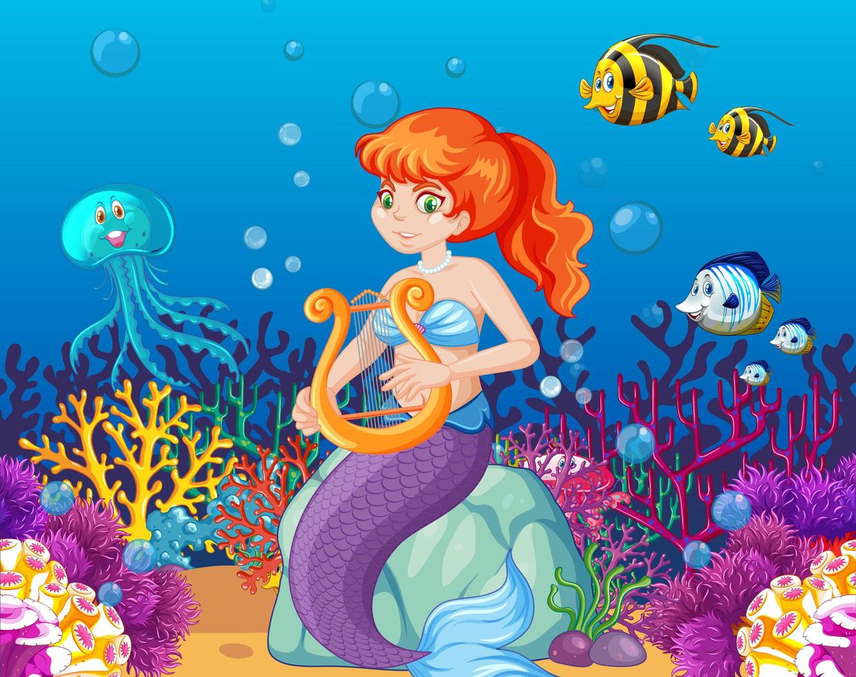 set di animali marini e sirena vettore