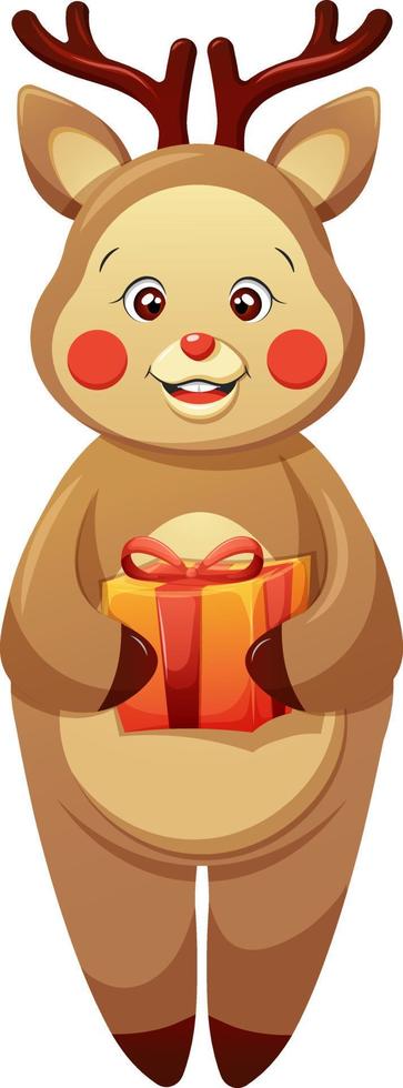 cartone animato Natale bambino cervo con regalo isolato vettore