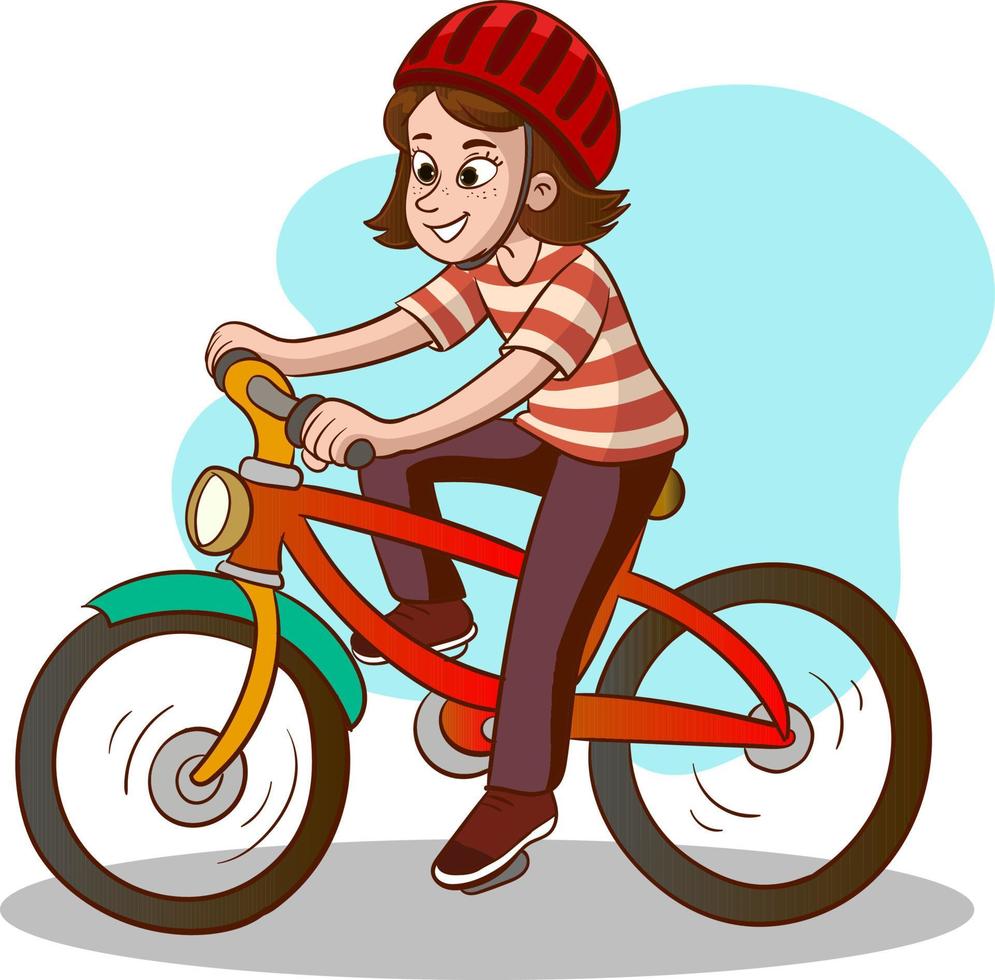 contento carino ragazzo ragazza equitazione bicicletta ragazza sorridente equitazione il suo bicicletta per scuola vettore