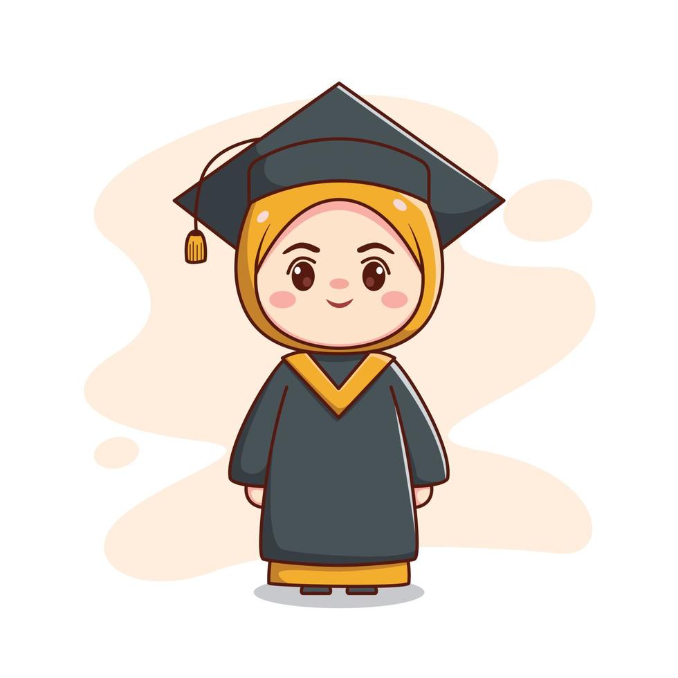 contento la laurea musulmano hijab ragazza con berretto e toga carino kawaii chibi cartone animato personaggio illustrazione vettore