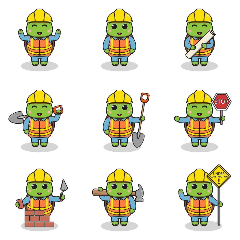 vettore illustrazione di tartaruga personaggio a costruzione luogo. costruzione lavoratori nel vario Strumenti. cartone animato tartaruga personaggi nel difficile cappello Lavorando a edificio luogo vettore.