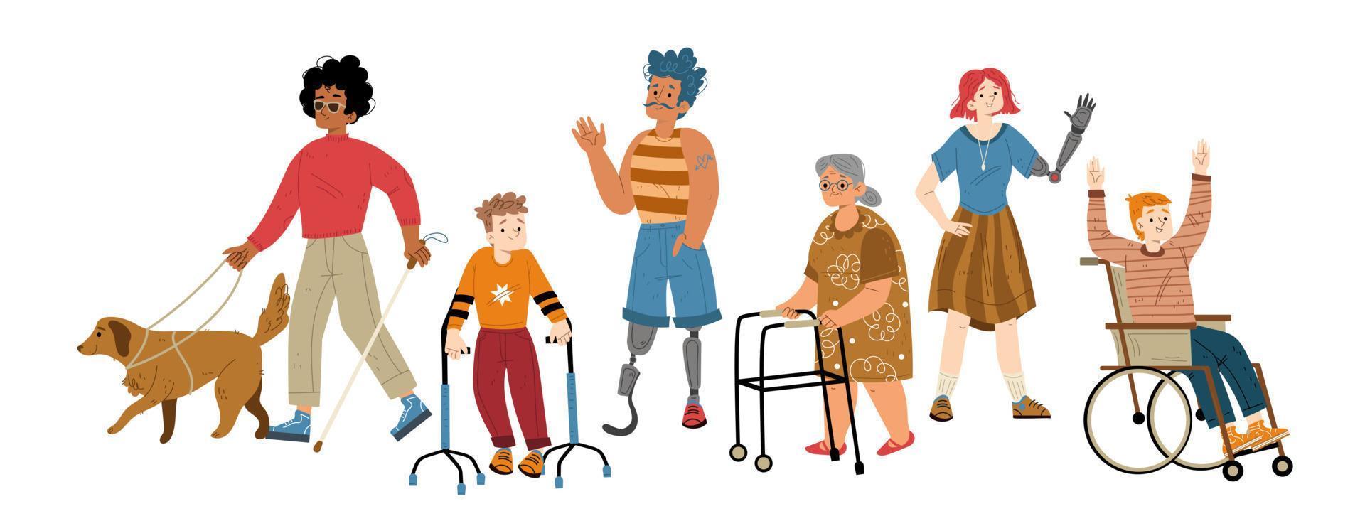 persone con disabilità, vecchio donna con camminatori vettore