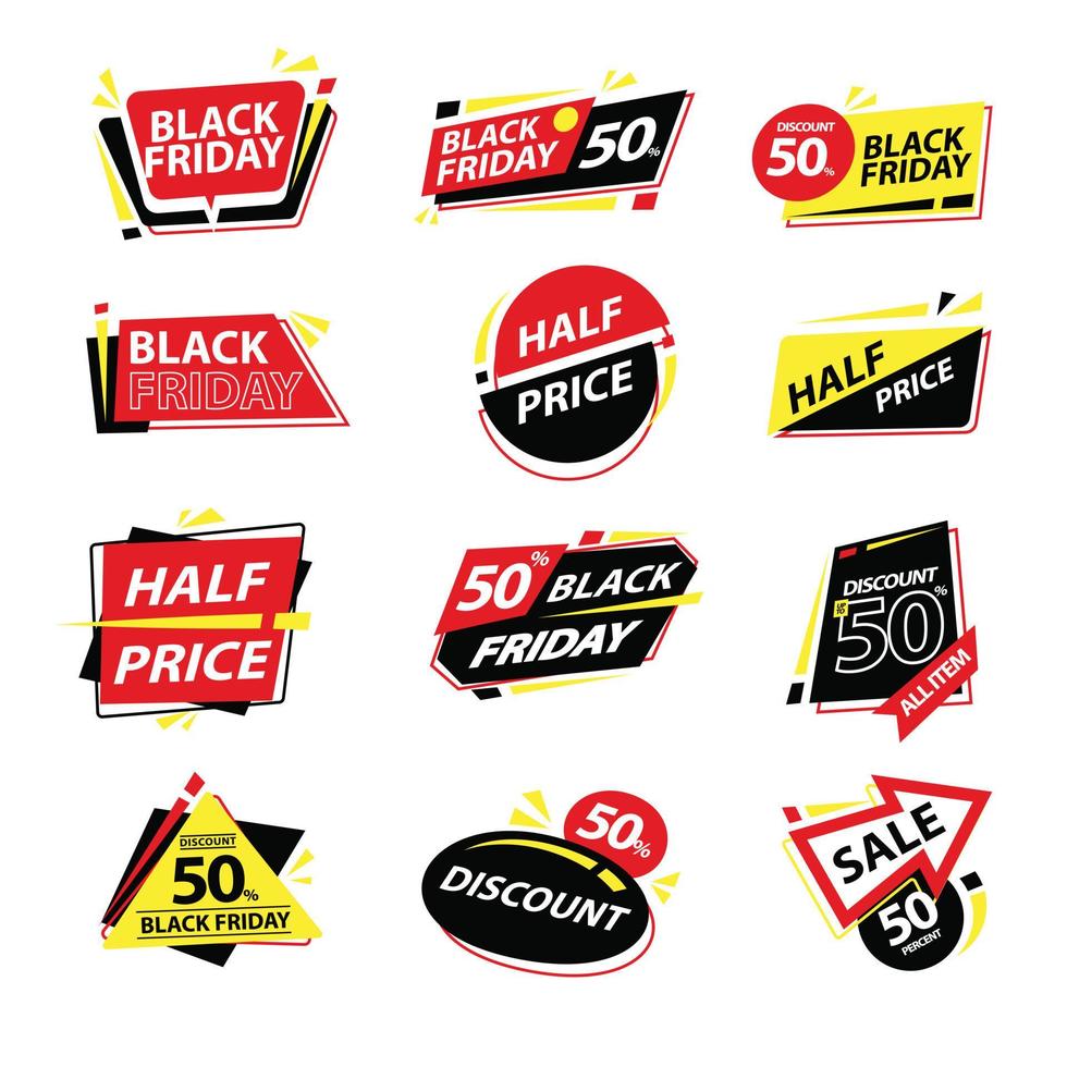 nero Venerdì i saldi distintivo etichetta design modello collezione impostato rosso giallo nero colore vettore