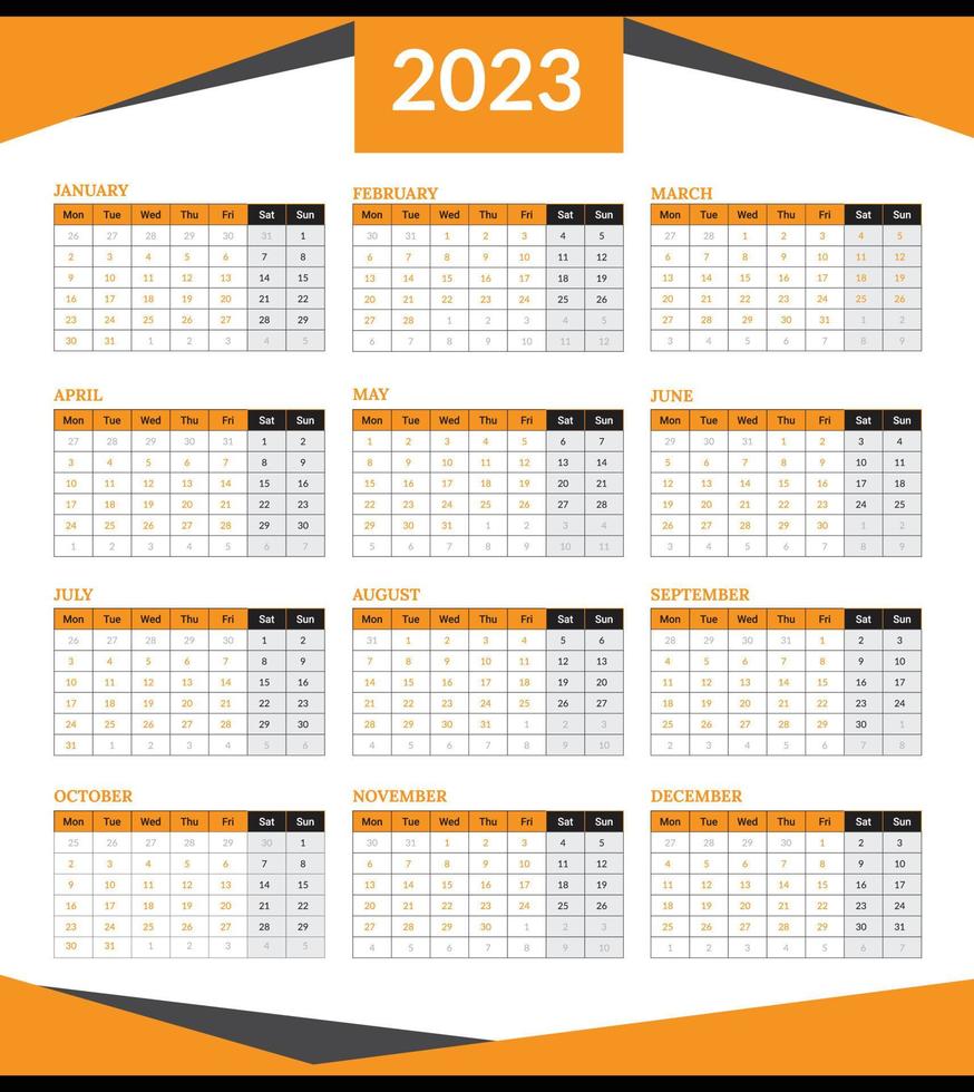 calendario per 2023, colorato calendario 2023, vettore 2023 calendario disegno, calendario 2023 settimana inizia Lunedi