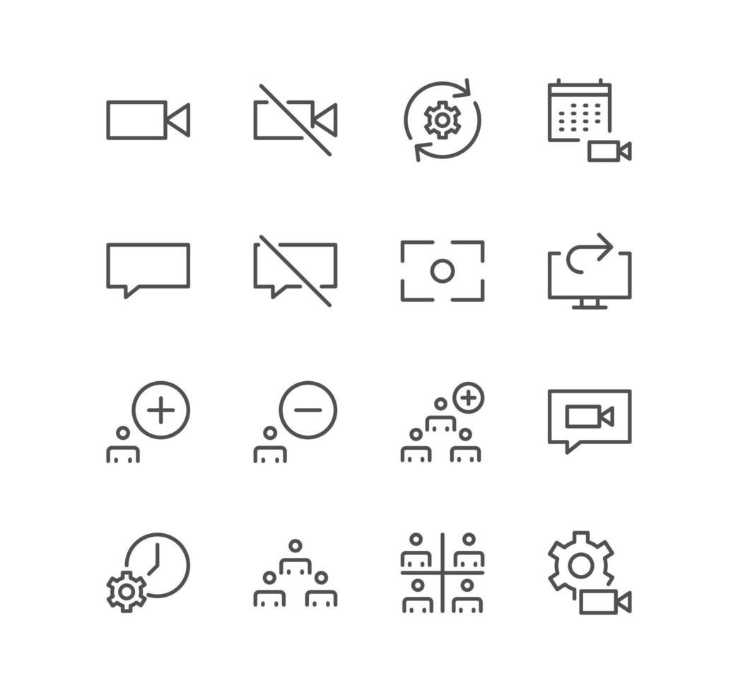 impostato di video conferenza e in linea incontro icone, Condividere schermo, muto pulsante, formazione scolastica e lineare varietà vettori. vettore