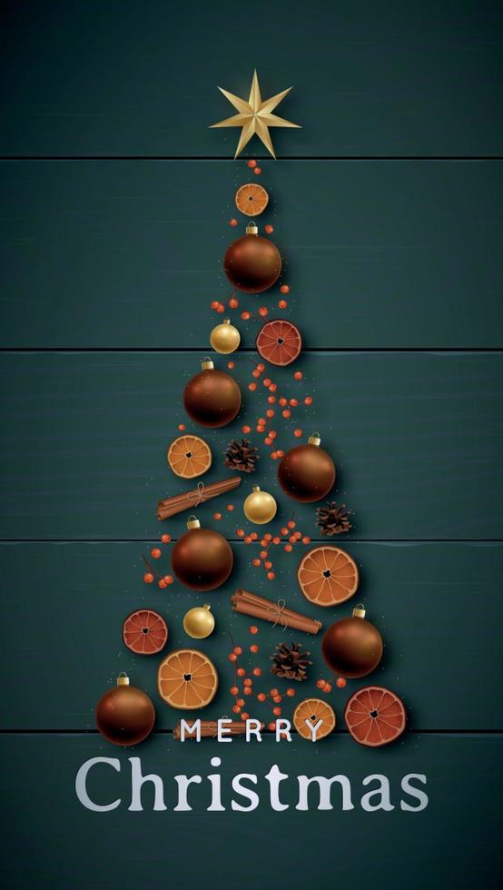 festivo Natale bandiera con Natale albero fatto di realistico decorativo elementi. vettore