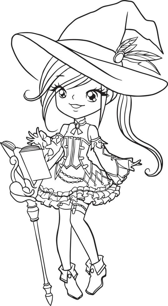 strega ragazza cartone animato scarabocchio kawaii anime colorazione pagina carino illustrazione disegno clipart personaggio chibi manga i fumetti vettore