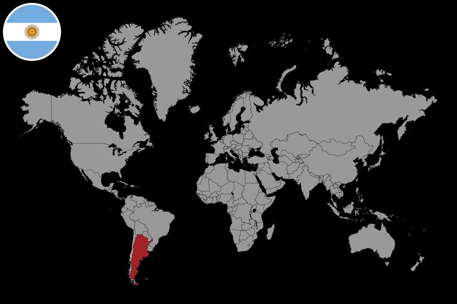 mappa pin con bandiera argentina sulla mappa del mondo. illustrazione vettoriale. vettore