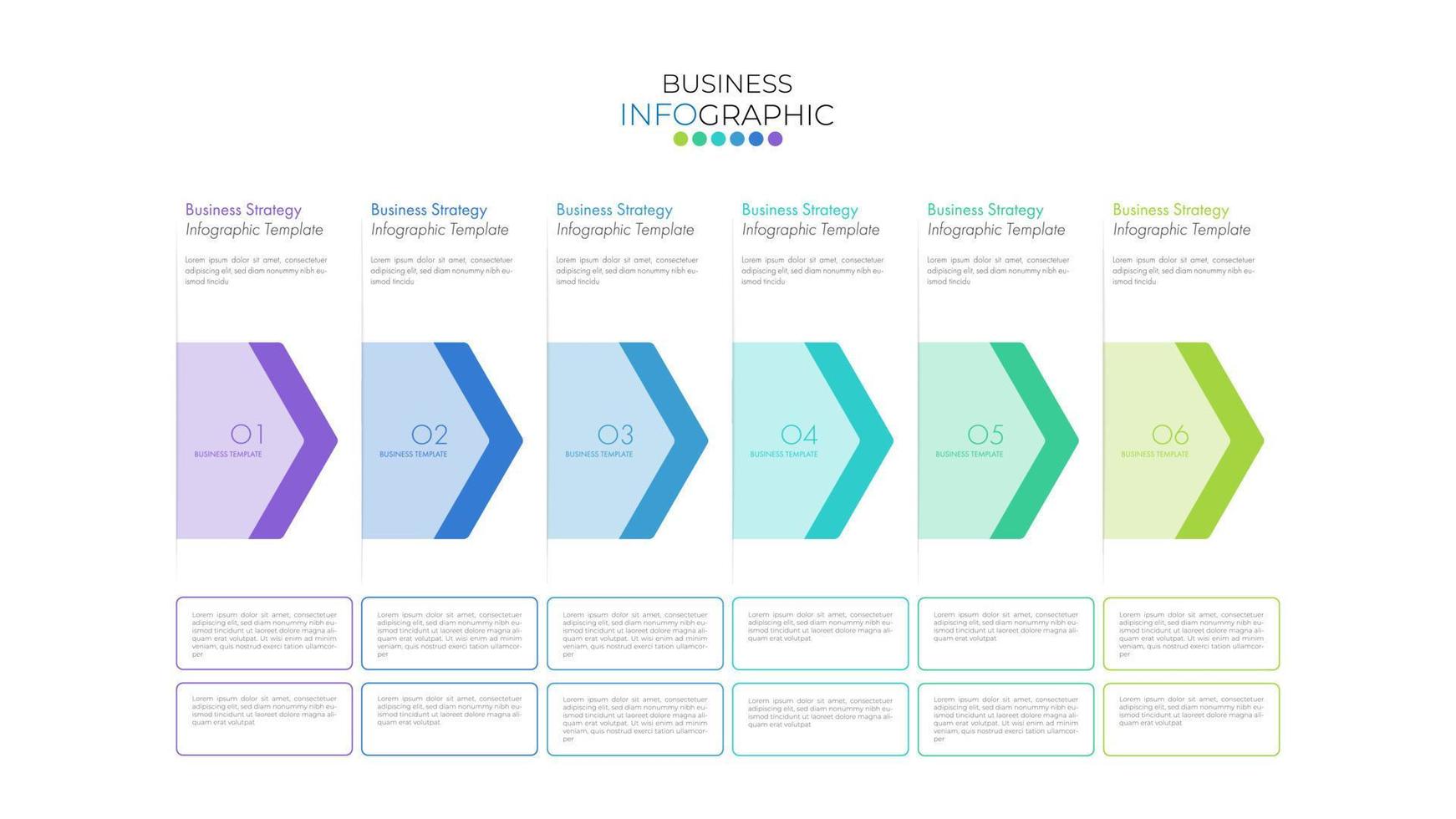 il modello di progettazione infografica può essere utilizzato per presentazione, banner, grafica, flusso aziendale e diagramma. moderno modello di sequenza temporale piatta con 6 opzioni, parti, passaggio per il processo. modello astratto. vettore