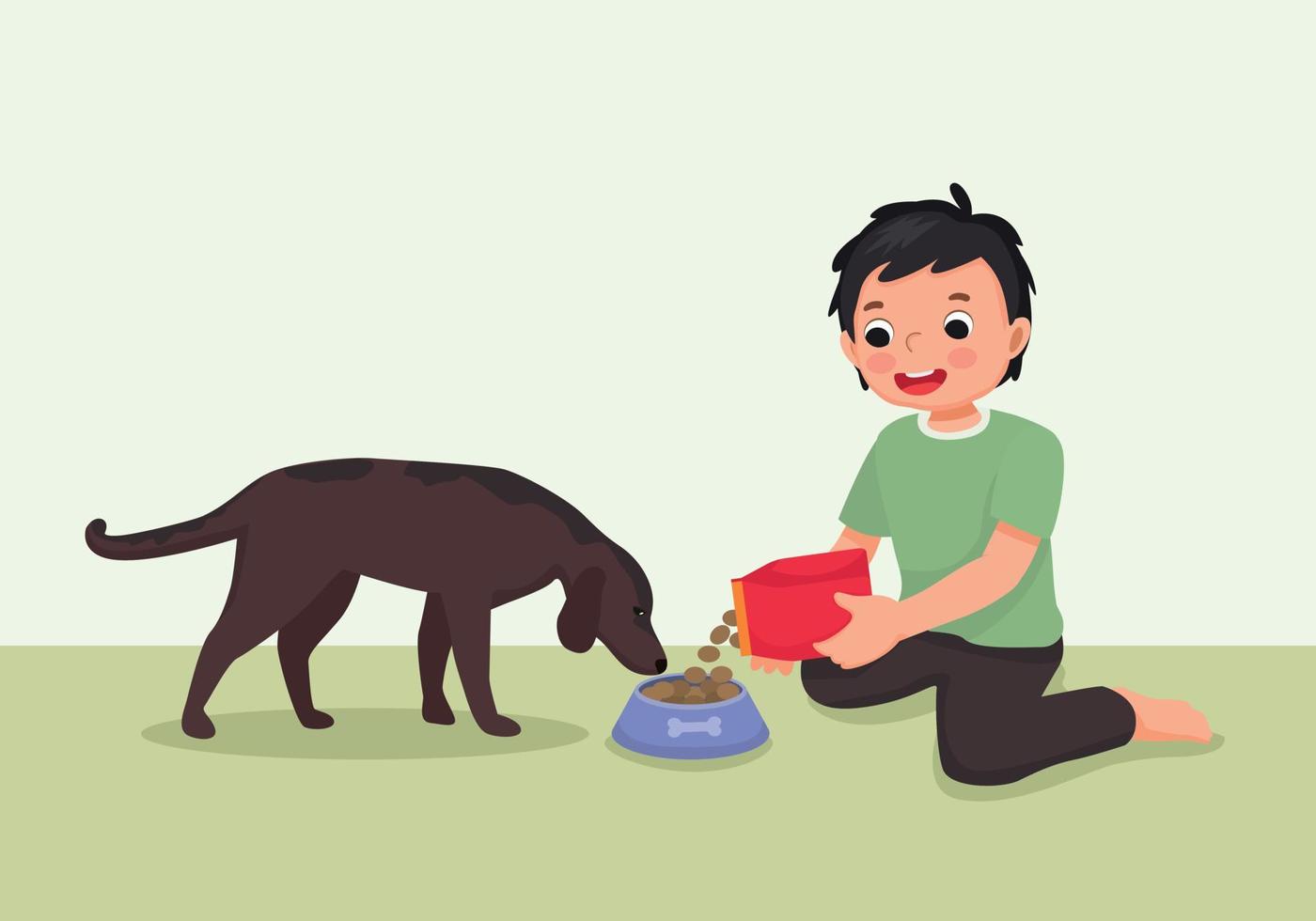 carino poco ragazzo alimentazione il suo cane animale domestico con animale cibo vettore