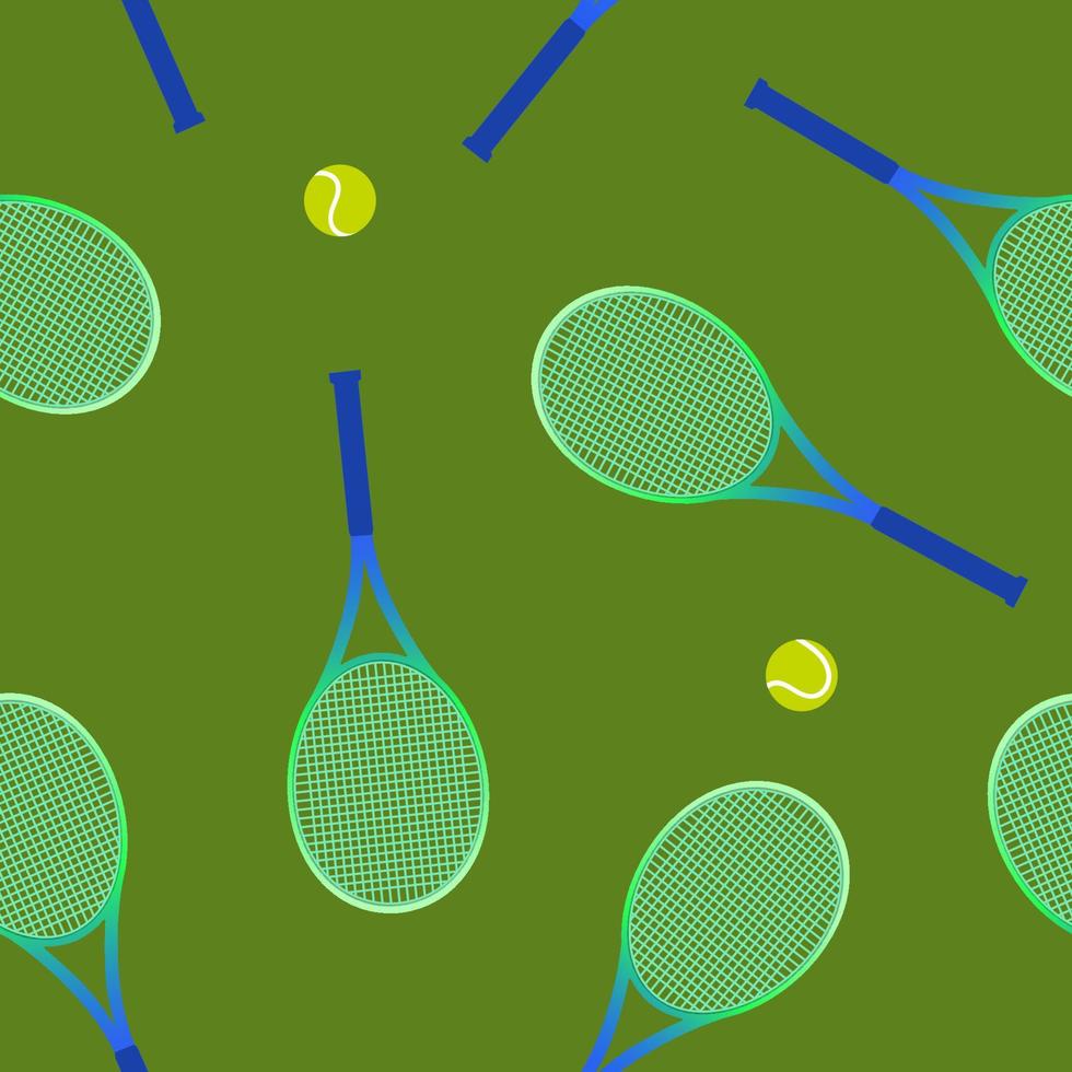 senza soluzione di continuità modello con tennis racchette e palla su un' verde sfondo. vettore illustrazione di un' gli sport senza soluzione di continuità sfondo con racchette. mascherato modello con smontato elementi.