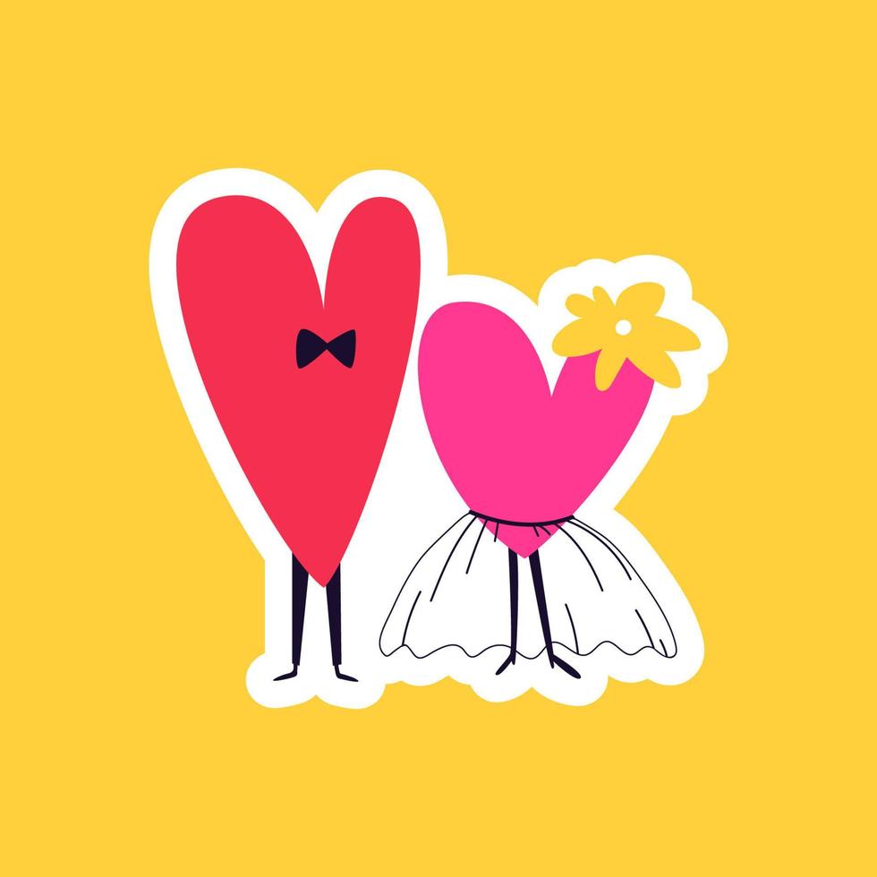 disegnato etichetta scarabocchio cuori ottenere sposato. amorevole Novelli sposi nel un' arco cravatta e nozze vestito su un' giallo sfondo. San Valentino giorno cartone animato etichetta vettore illustrazione.