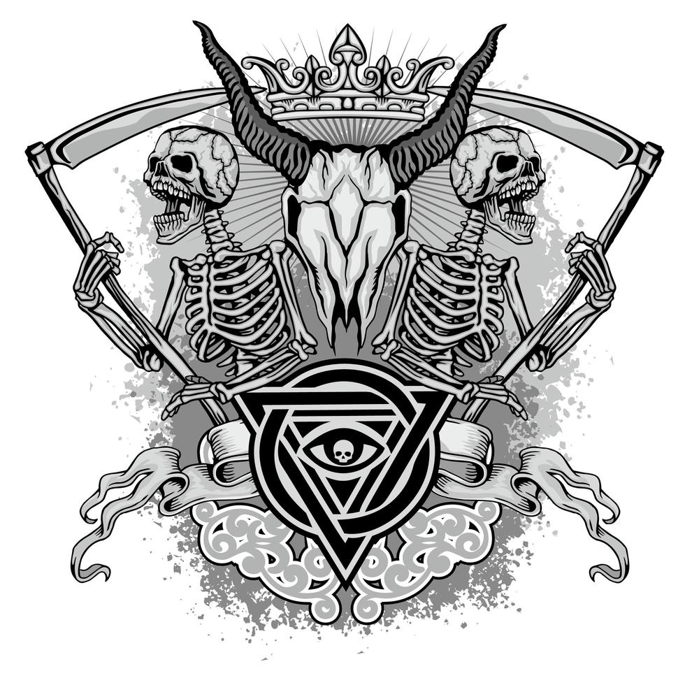teschio di ariete grunge con scheletri e simbolo della trinità vettore