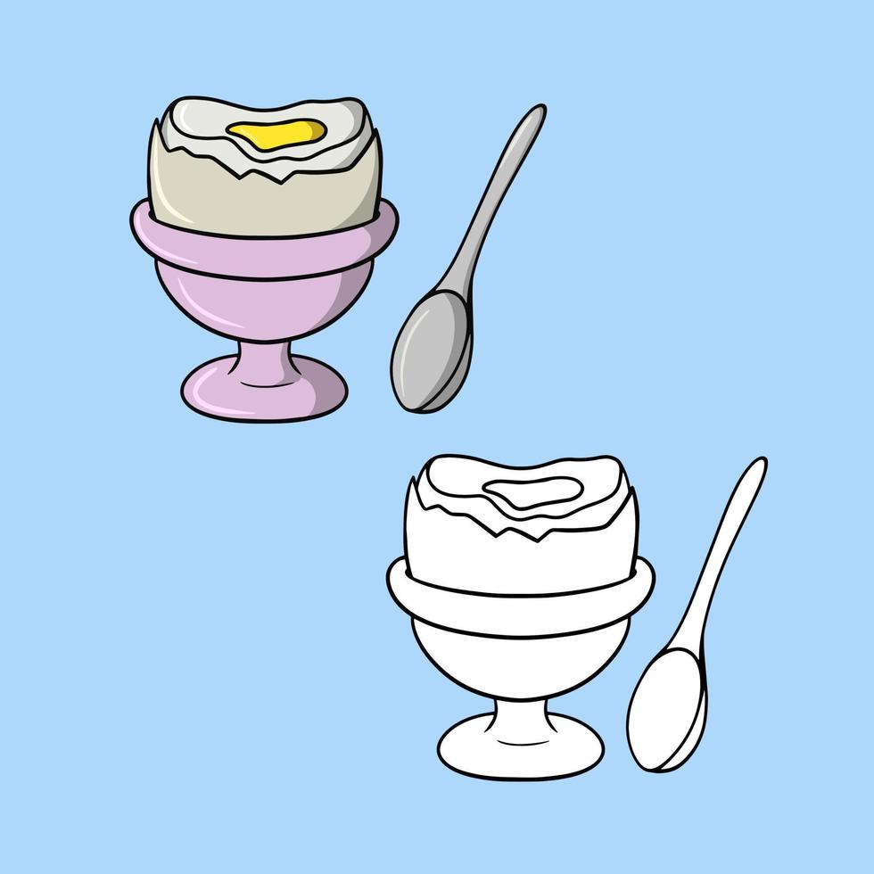un' impostato di immagini, metà di un' bollito pollo uovo su un' rosa ceramica In piedi, un' argento cucchiaio, un' vettore illustrazione nel cartone animato stile su un' colorato sfondo