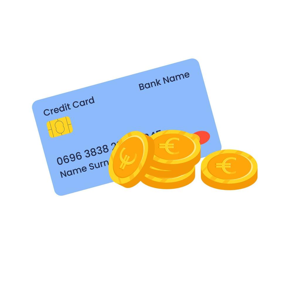 un' credito carta con un' manciata di Euro monete. credito carta pagamento, attività commerciale concetto. vettore piatto illustrazione.