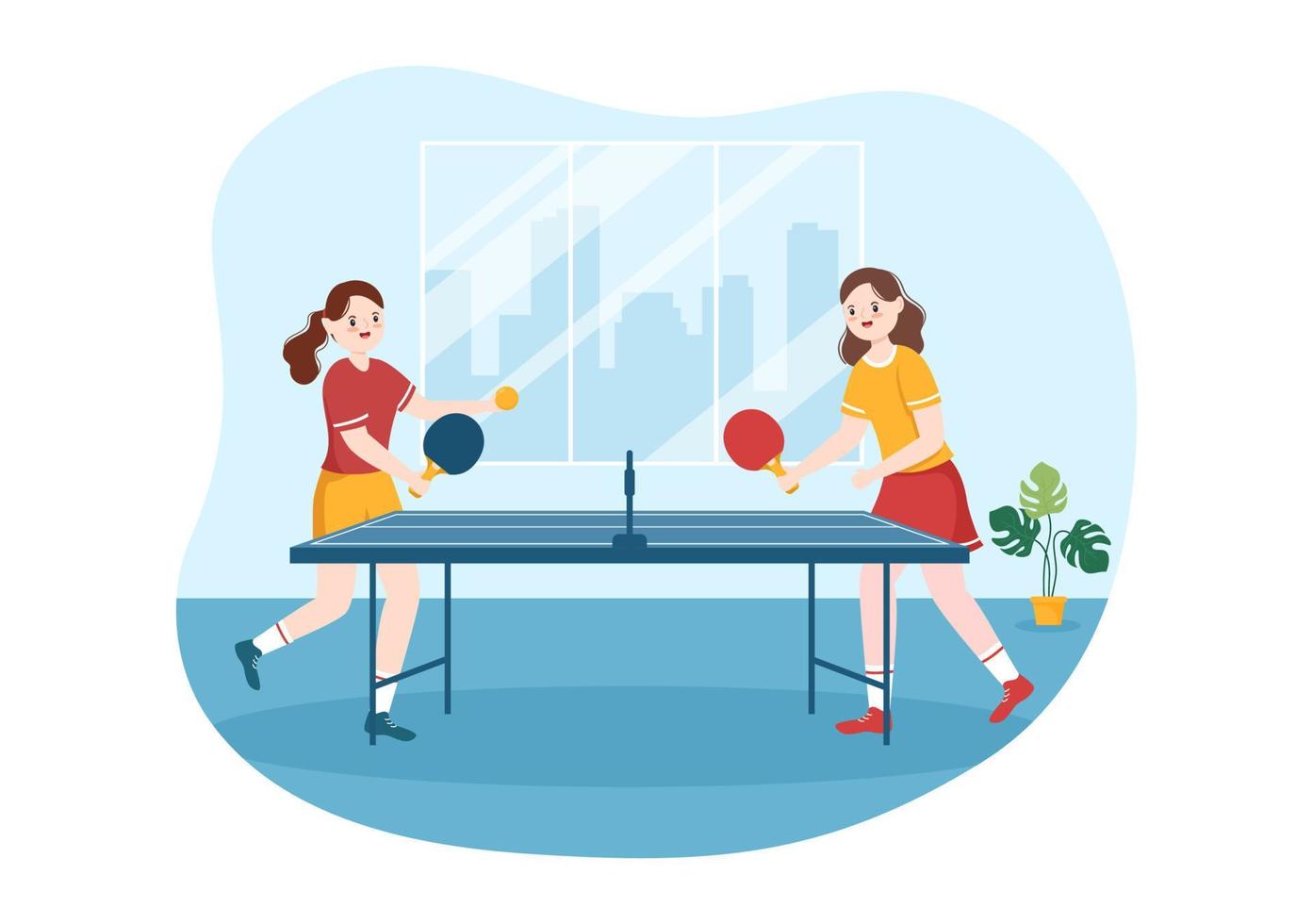 persone giocando tavolo tennis gli sport con racchetta e palla di ping pong gioco incontro nel piatto cartone animato mano disegnato modelli illustrazione vettore