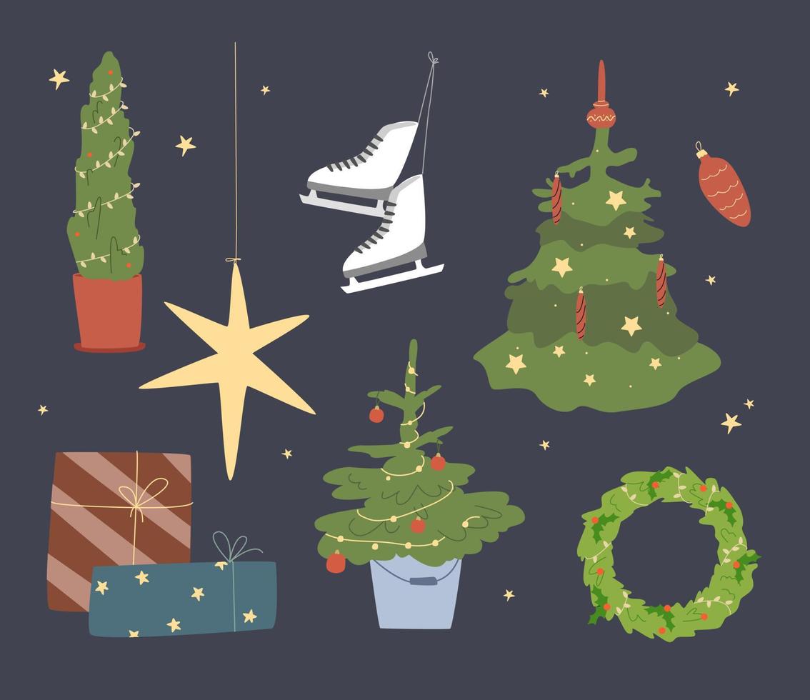 Natale elementi per cartolina e invito. natale albero e x-mas decorazione. regalo scatole e ghirlanda. Natale luci vettore