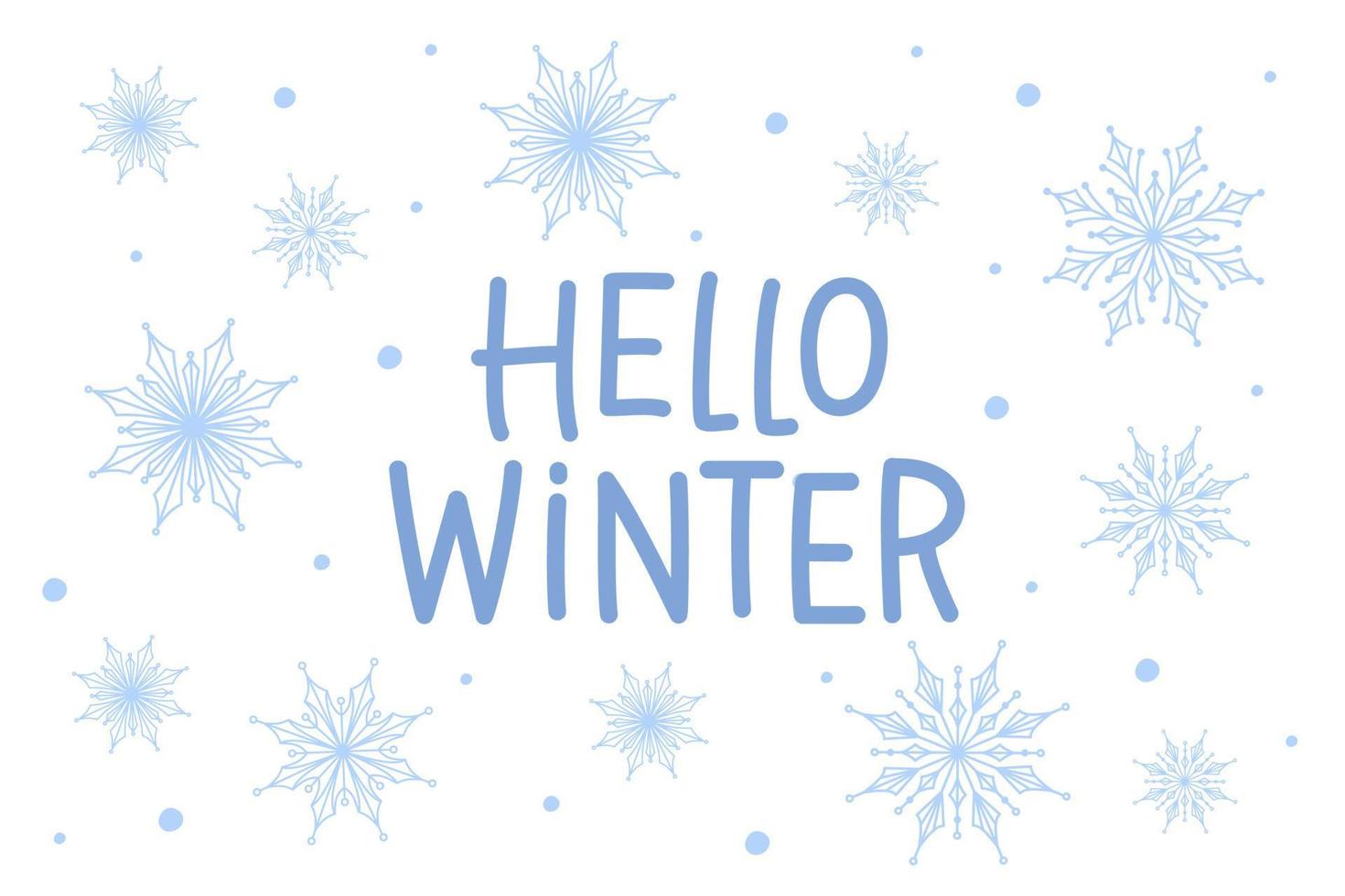 Ciao inverno testo. sfondo decorato fiocchi di neve. vettore illustrazione