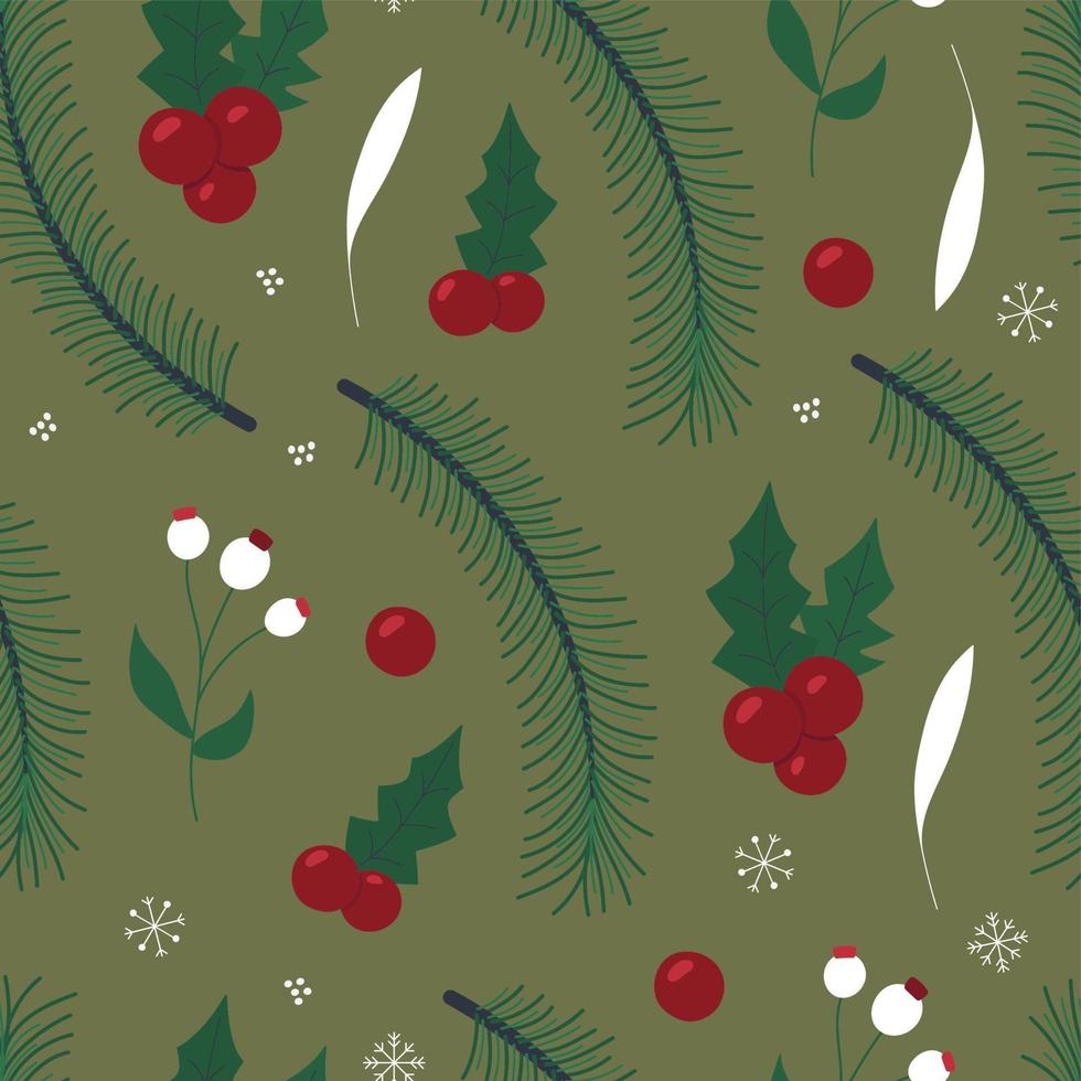 inverno Natale senza soluzione di continuità modello. vettore illustrazione con abete rami, rosso frutti di bosco, agrifoglio, fiocchi di neve. superficie design per tessile, tessuto, avvolgere, carta, confezione