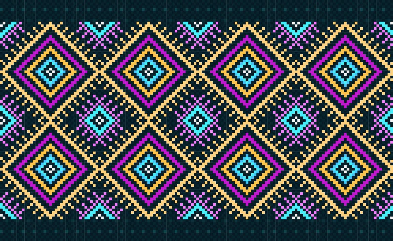 pixel geometrico etnico modello, vettore ricamo ikat sfondo, pixel giallo rosa e blu modello piazza