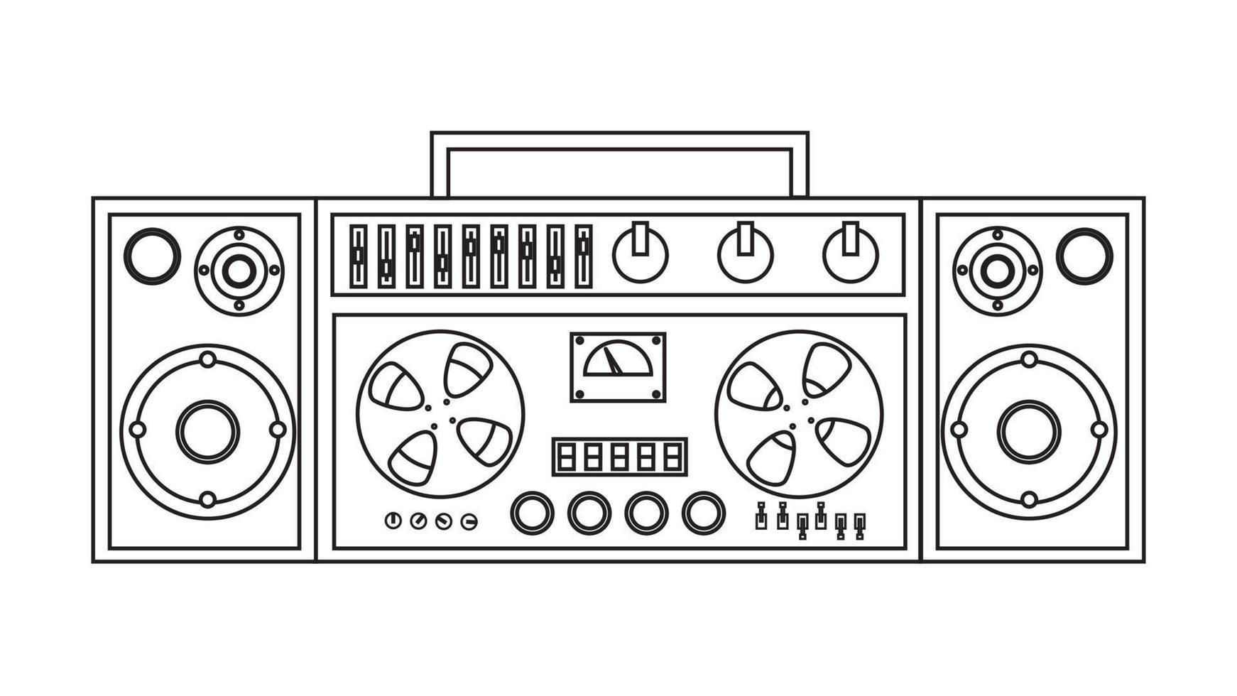 vecchio retrò Vintage ▾ musica cassetta nastro registratore con magnetico nastro su bobine e Altoparlanti a partire dal il anni '70, anni 80, anni 90. nero e bianca icona. vettore illustrazione