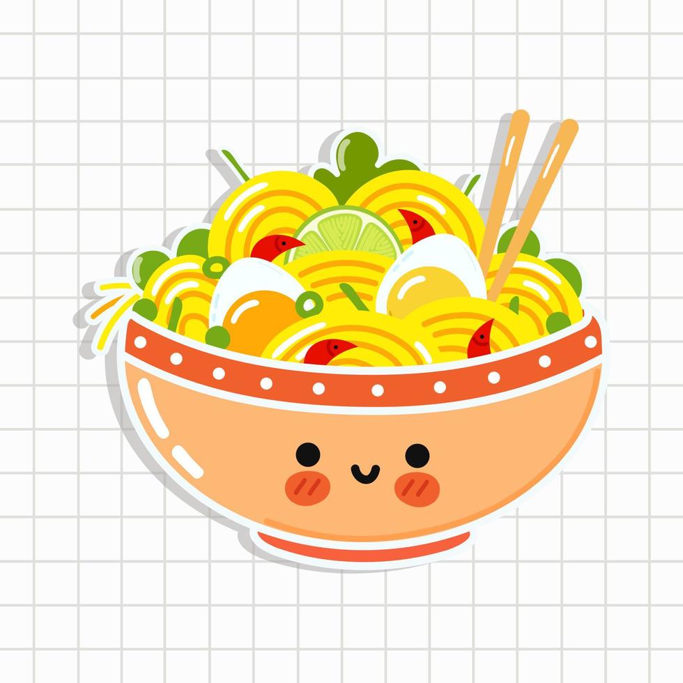 carino divertente ramen ciotola etichetta. vettore mano disegnato cartone animato kawaii personaggio illustrazione icona. ramen ciotola personaggio concetto