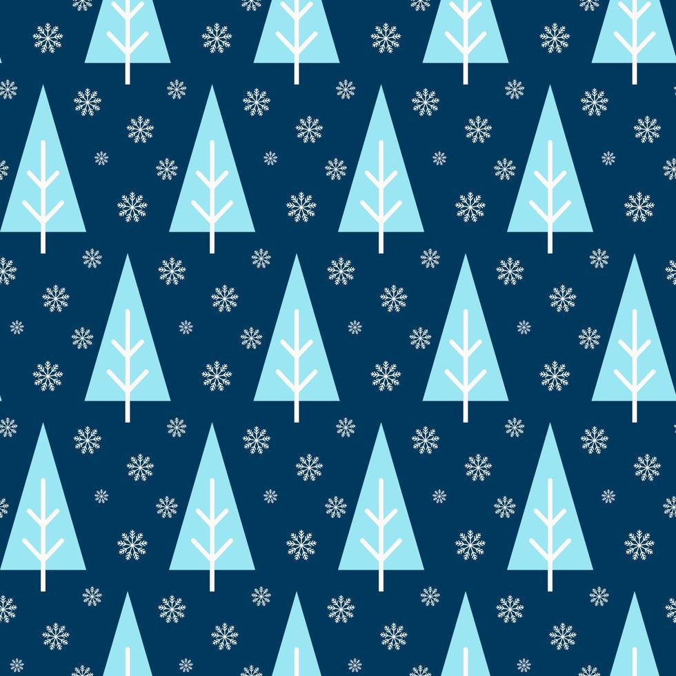 senza soluzione di continuità modello di inverno foresta con alberi e fiocchi di neve. isolato blu sfondo. design per tessuto, involucro carta, sfondo, album di ritagli. celebrazione di nuovo anno, Natale o inverno vacanze. vettore