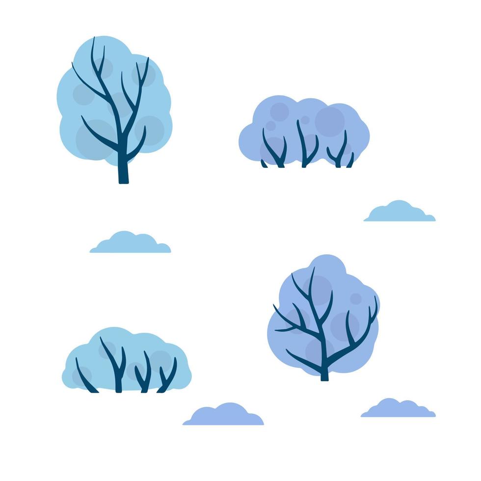 impostato di inverno alberi. bianca neve su il rami. elemento di foreste, parchi, natura. freddo settentrionale tempo atmosferico. cartone animato piatto illustrazione vettore